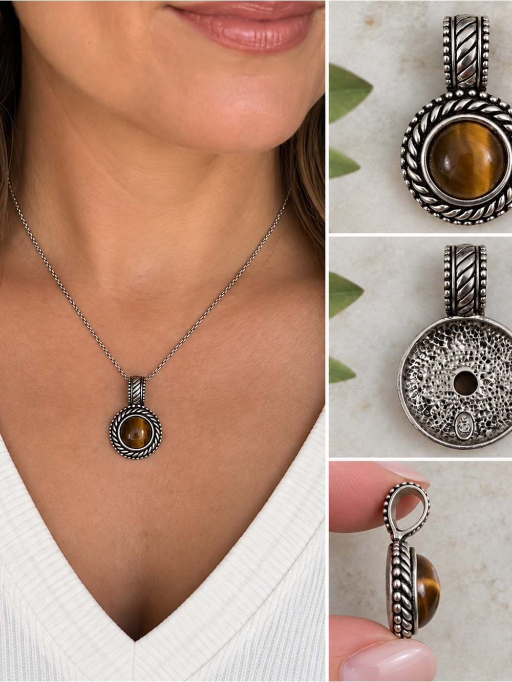 Premier Designs Lynx Genuine Tiger’s Eye Pendant Antiqued Silver Tone New